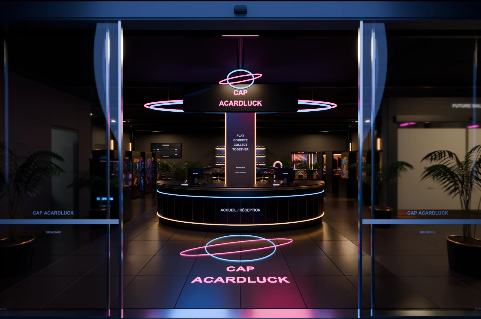 Vue de la maquette du salon Cap ArcadLuck : bornes d’arcade et éclairages colorés.